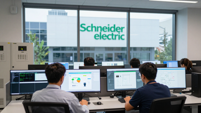 Industrial control room with engineers viewing product-design and factory automation data.