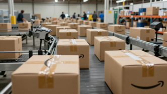 Amazon packages move along a conveyor belt inside a fulfillment center.
