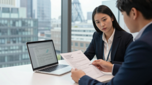 Recruiter and job candidate reviewing hiring documents in a London office