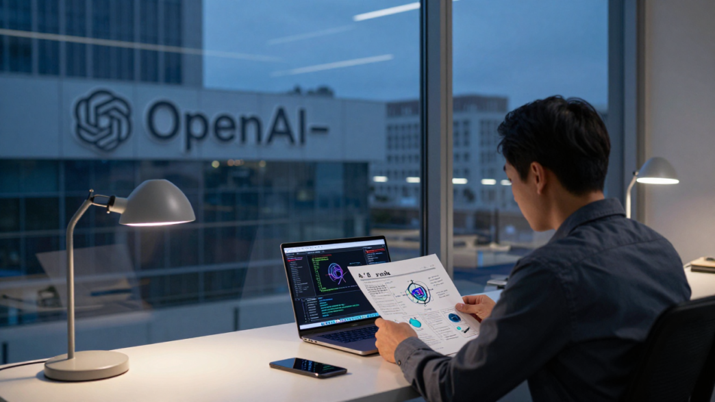 A researcher reviews AI safety materials at a modern office desk.