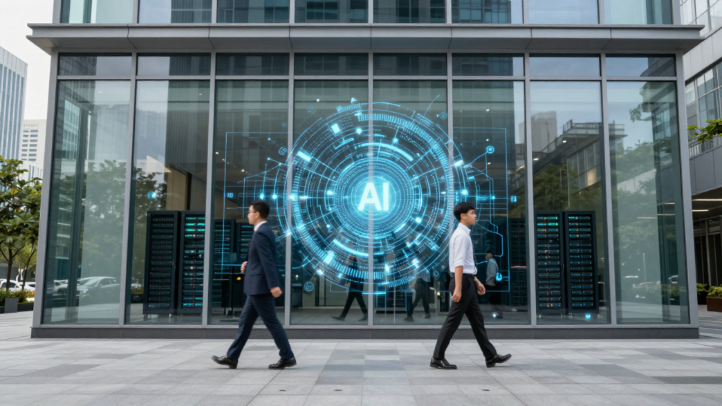 Employees outside a modern office building with an abstract AI network display