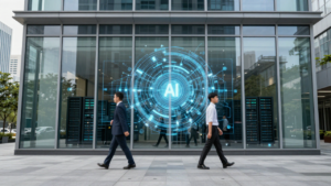 Employees outside a modern office building with an abstract AI network display