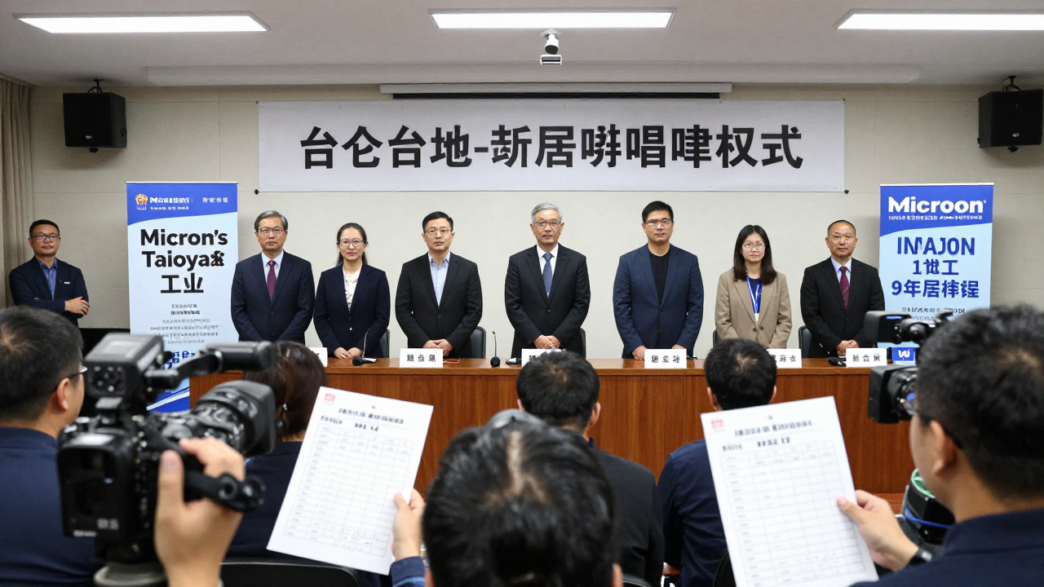 Taiwanese union representatives address reporters at a Taipei press conference about a Micron strike authorization.