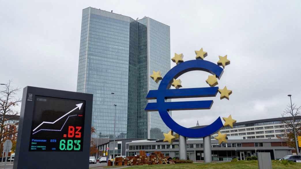 European Central Bank headquarters in Frankfurt with the euro sculpture in the foreground.