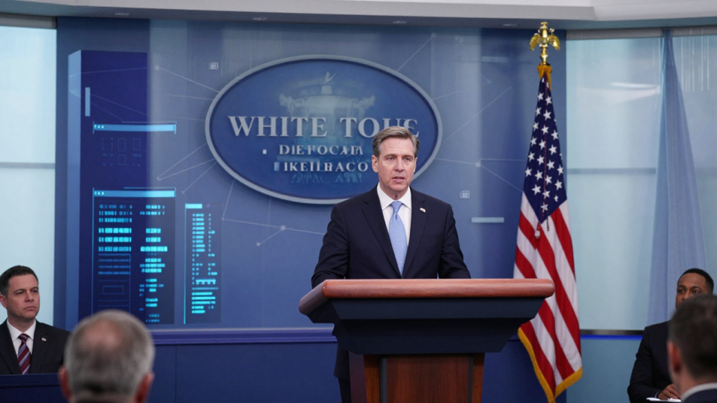 Jay Clayton at a White House briefing beside an abstract artificial intelligence network display.