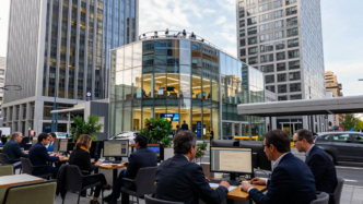 Busy Madrid business district with office workers and a street-level café.
