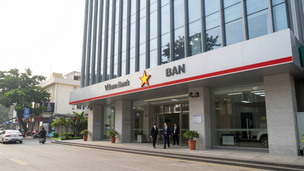 Modern bank headquarters in Hanoi with Vietnam's national flag