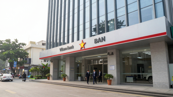 Modern bank headquarters in Hanoi with Vietnam's national flag