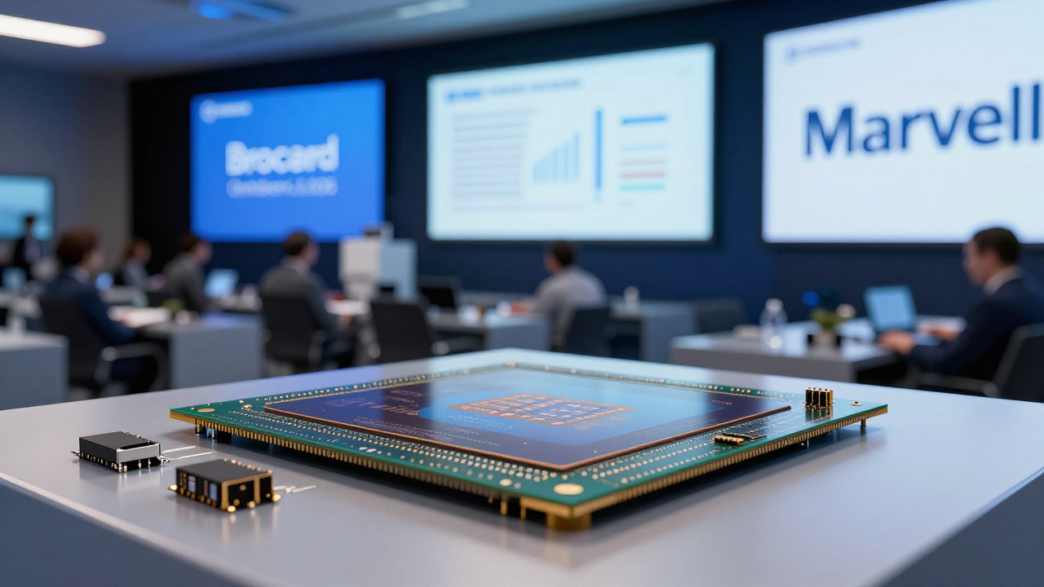 Semiconductor chips displayed against a blurred investor-day auditorium.