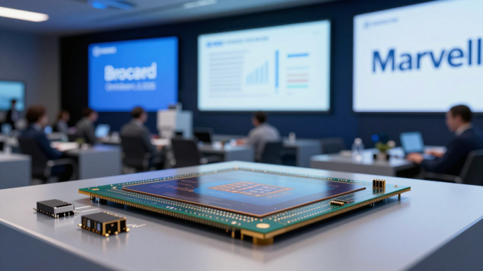 Semiconductor chips displayed against a blurred investor-day auditorium.
