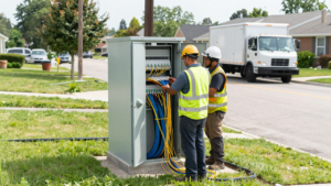 Technicians working on a fiber-optic network cabinet along a U.S. neighborhood street.