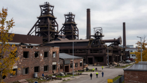 A darkened steel mill in Kryvyi Rih, illustrating wartime disruption to Ukraine’s industry.