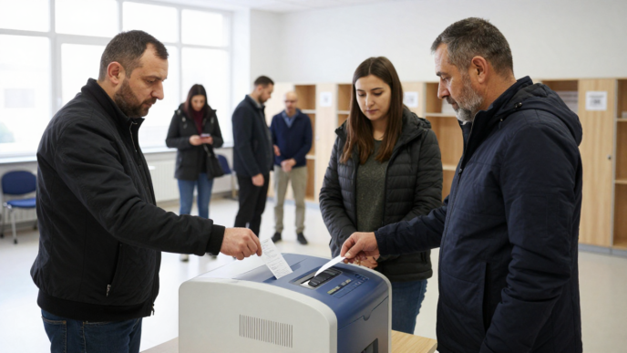 A voter inserts a ballot into an electronic scanner at a Sarajevo polling station.