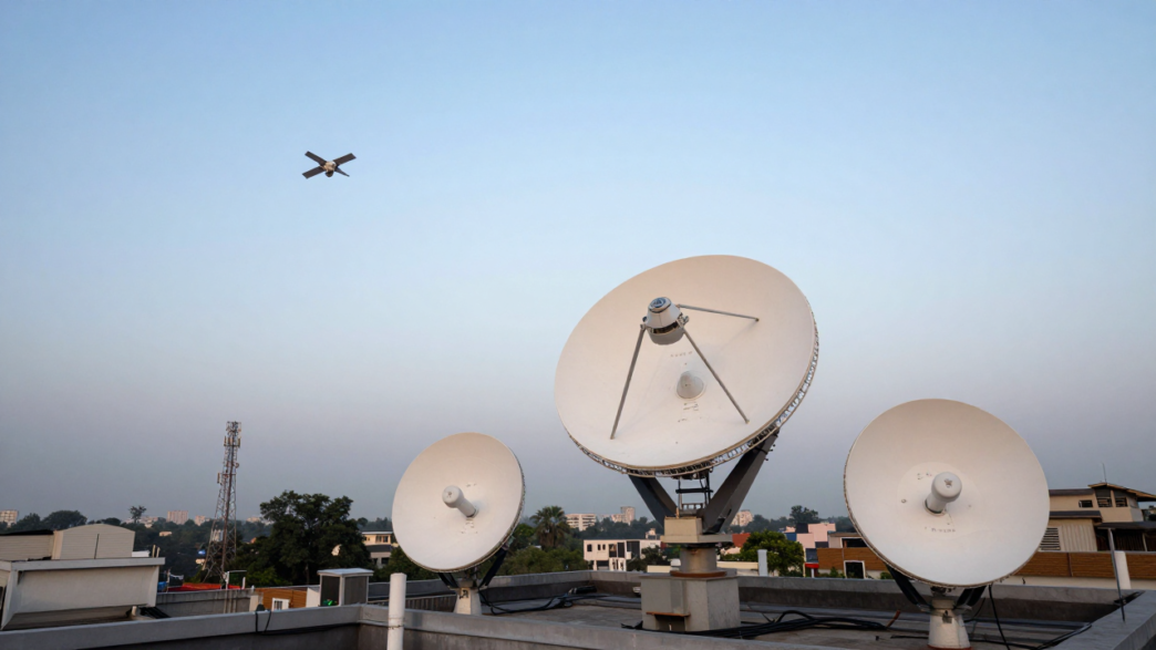 Satellite internet dish and gateway antennas overlooking an Indian city at dusk