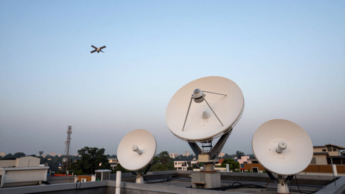 Satellite internet dish and gateway antennas overlooking an Indian city at dusk