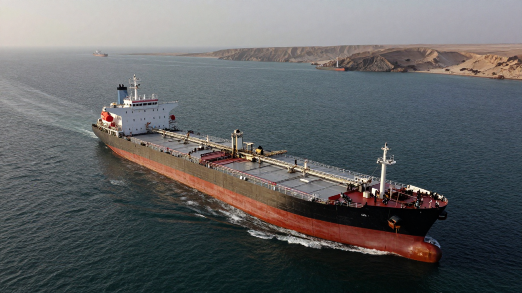A crude oil tanker transits waters near the Strait of Hormuz.
