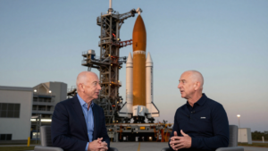 Jeff Bezos speaking with a Blue Origin New Glenn rocket on a Florida launch pad in the background.