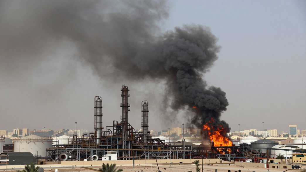 Smoke and flames rise near an Aramco facility south of Riyadh.