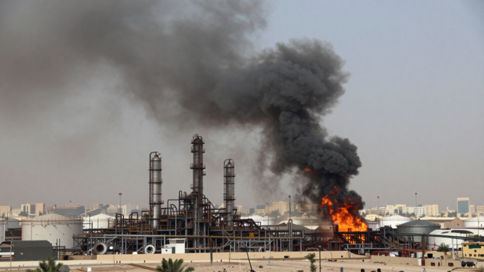 Smoke and flames rise near an Aramco facility south of Riyadh.