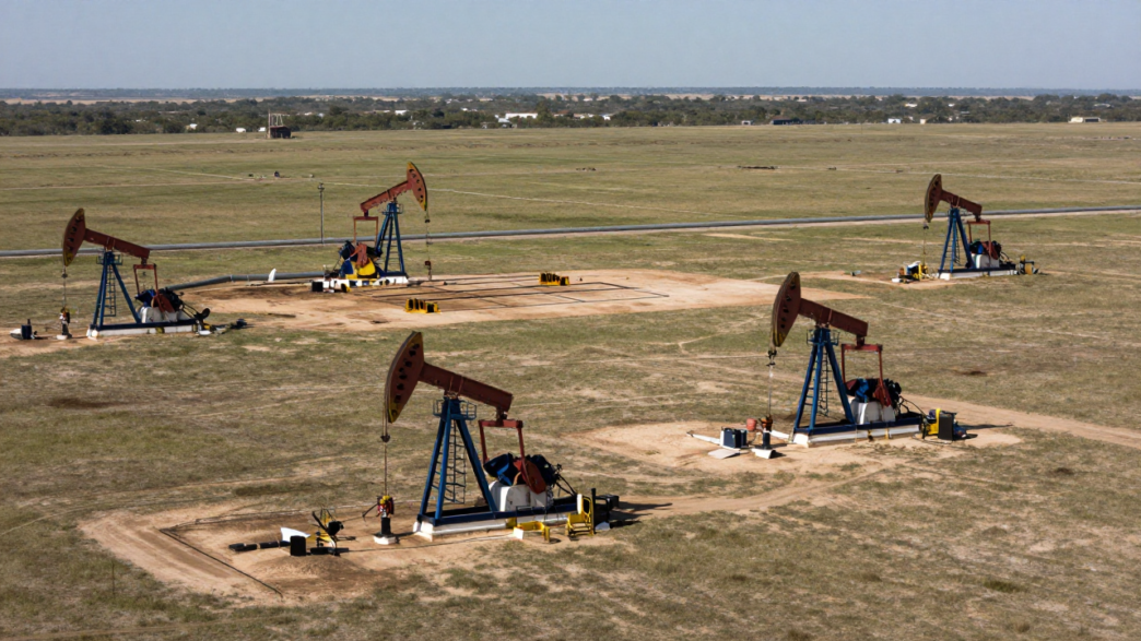 Pumpjacks operating across a South Texas oilfield in the Eagle Ford region