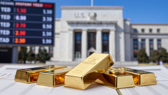 Gold bars in the foreground with blurred financial-market imagery behind them
