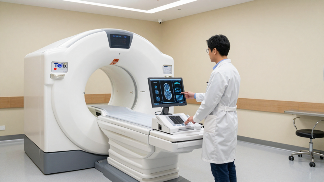 Clinician reviews a brain PET scan in a modern imaging suite.