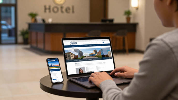 Traveler comparing hotel websites on a laptop in a hotel lobby