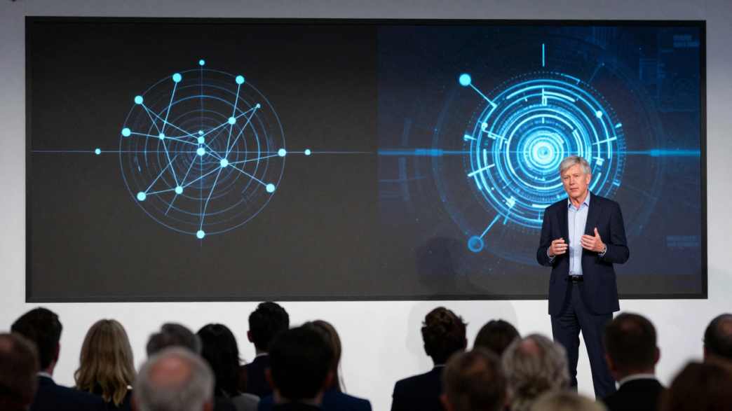 Jamie Dimon speaking at a London technology summit with cybersecurity graphics on a screen