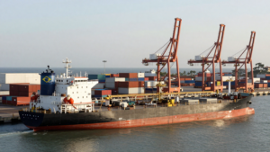 An oil tanker at a Brazilian port terminal, representing the country’s crude exports and trade balance.