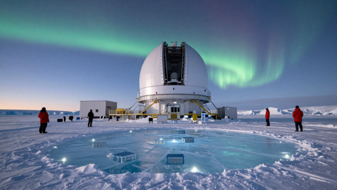 The IceCube research facility at the South Pole beneath a starry Antarctic sky.
