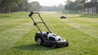 Autonomous electric turf mower operating on a golf-course fairway.