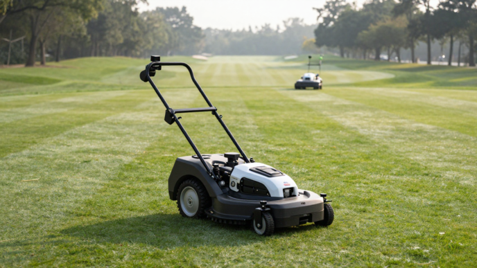 Autonomous electric turf mower operating on a golf-course fairway.