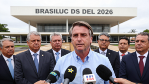 Flávio Bolsonaro speaks to reporters in Brasília ahead of Brazil’s presidential runoff.