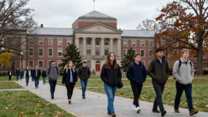 Students walk across Cornell University’s campus in Ithaca, New York.