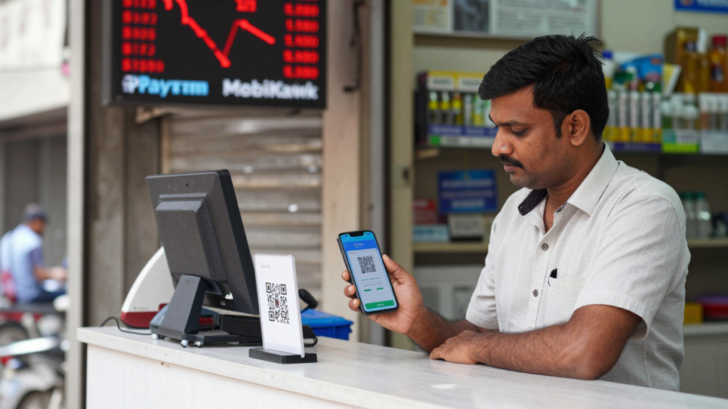 Indian shopkeeper uses a smartphone for a digital payment beside a QR stand, with a market ticker blurred behind.