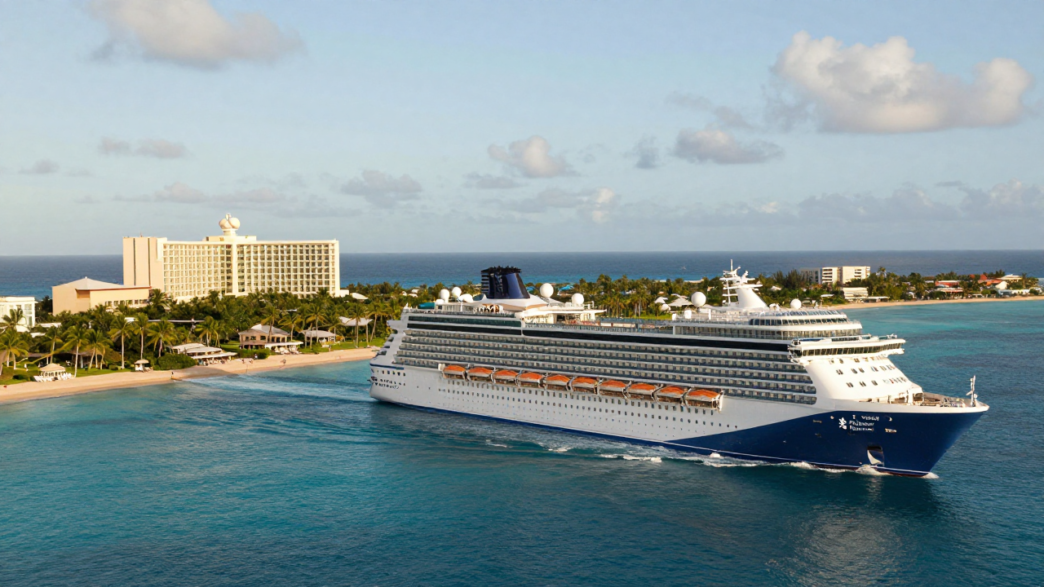Royal Caribbean cruise ship sailing near a Caribbean beachfront resort.