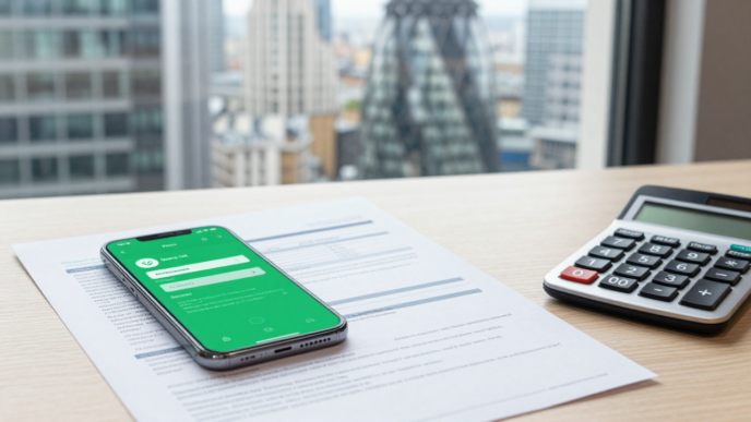 Smartphone showing a generic finance app beside investment tax documents and a calculator