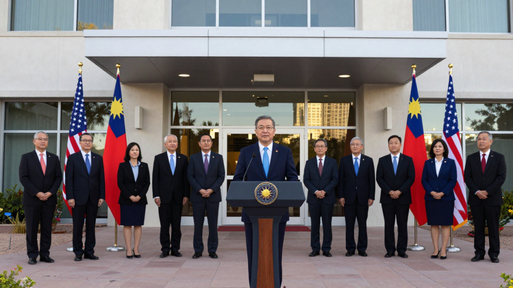 Taiwan Foreign Minister Lin Chia-lung at the planned Phoenix representative office opening with officials and Taiwan and U.S. flags.