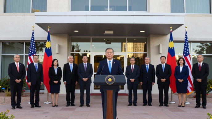 Taiwan Foreign Minister Lin Chia-lung at the planned Phoenix representative office opening with officials and Taiwan and U.S. flags.