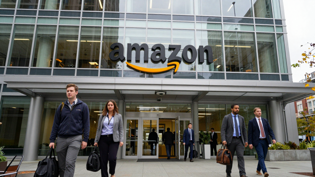 Employees outside an Amazon office building in Seattle.