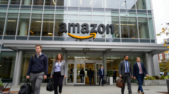 Employees outside an Amazon office building in Seattle.