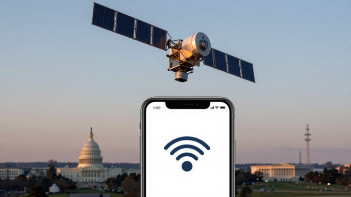A smartphone beneath a low-Earth-orbit satellite, representing proposed direct-to-device connectivity.