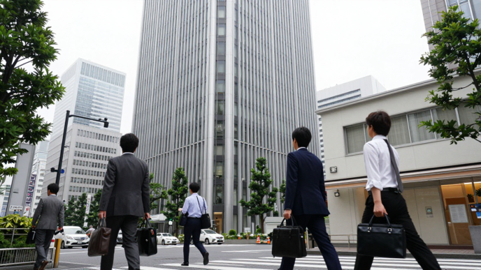 Commuters walk through Tokyo’s business district on a weekday morning.