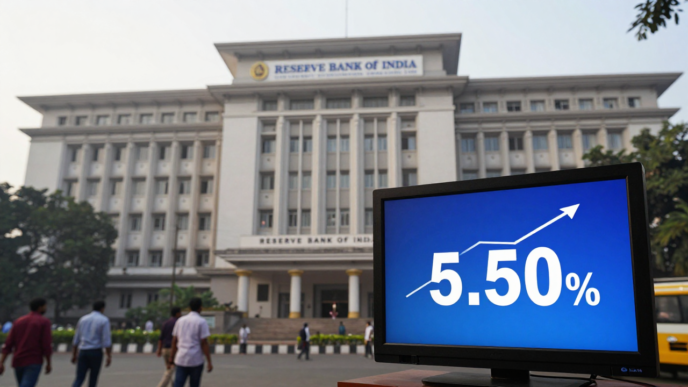 Reserve Bank of India headquarters in Mumbai with a monitor showing an interest-rate increase to 5.50%.