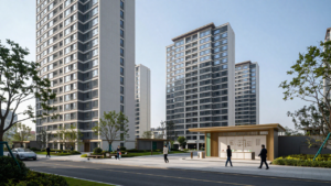 Modern residential towers and landscaped grounds at a Chinese property development