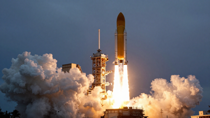 A commercial rocket lifts off from a Florida launch pad at dusk.