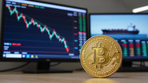 Bitcoin coin beside a trading screen showing a falling price chart and market data