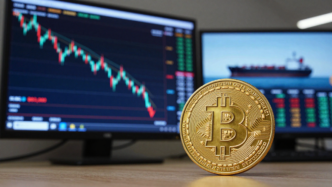 Bitcoin coin beside a trading screen showing a falling price chart and market data