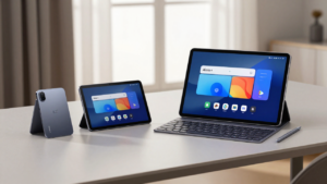 Three aluminum Amazon Alexa tablets in different sizes, with the largest beside a keyboard and stylus.