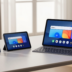 Three aluminum Amazon Alexa tablets in different sizes, with the largest beside a keyboard and stylus.